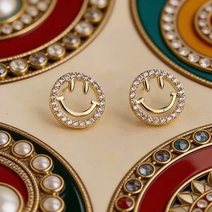 S925 Crystal Smiley Face Stud Earrings Happy Sparkle Jewelry